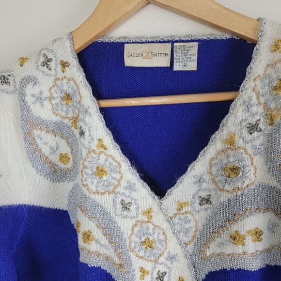 Jaclyn Smith Vintage 80s Womens Beaded Sweater size M Blue V-Neck Pullover - Picture 3 of 11
